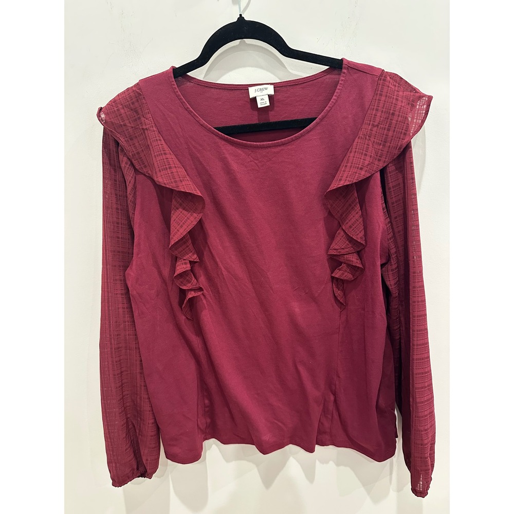 J.Crew Women XL Burgundy Ruffle Mixed Media Plaid Long Sleeve Top